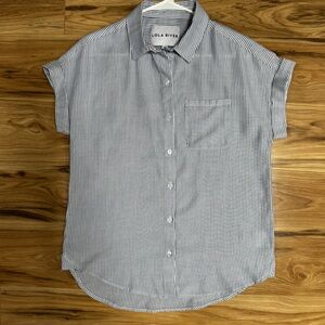 Lola River Blue & White Stripe Button Up Shirt Cap Sleeve Nautical Coastal XS
